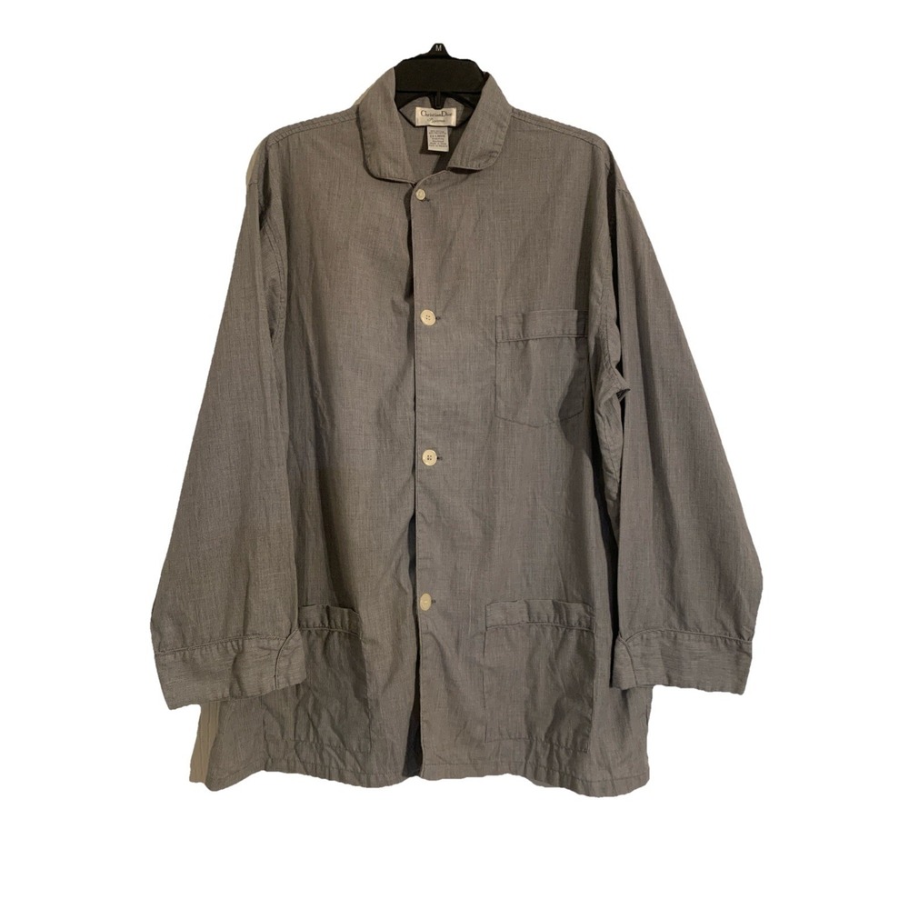 Vintage Christian Dior Pajama Mens XL Button‎ Pajama Shirt Sleepwear Gray Check